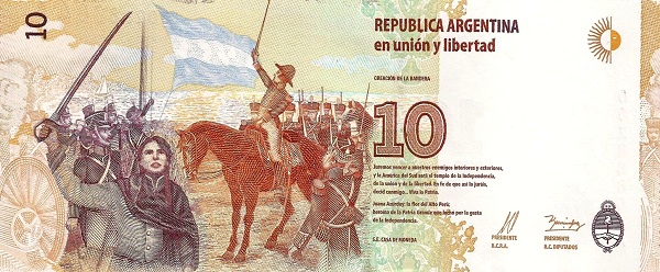  Juana Azurduy de Padilla and Manuel    Belgrano on horseback with swords raised to th new flag (27.02.1812    along Paraná River)