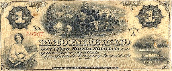 Allegorical woman  ("Industry"), gaucho, cows, sheep, river boat