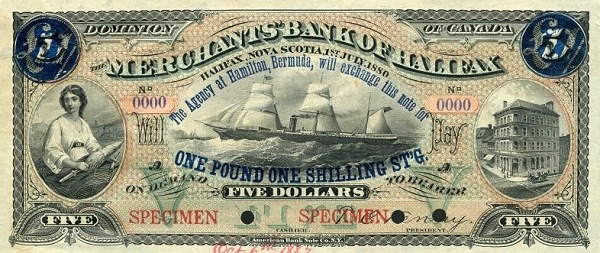 Woman with distaff,  combined sailing and steam ship, bank building