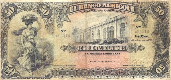 Woman with basket and sickle, bank building