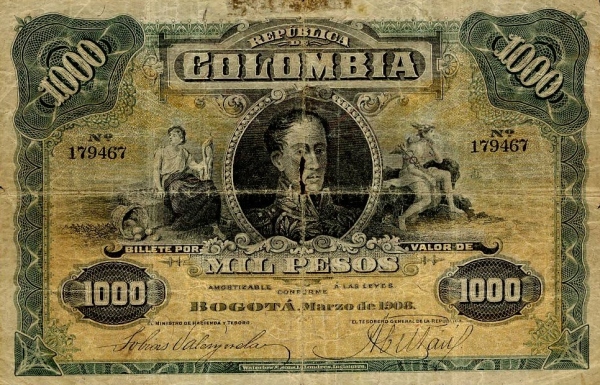 Allegorical woman, Simón Bolívar,  Mercury