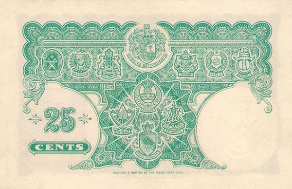 Arms of the various  member states (Straits Settlements, Trengganu, Kedah, Kelantan, Johore, Perlis, Brunei,  Perak, Pahang, Selangor, Negri Sembilan)