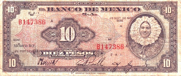 "Tehuana" (Woman in traditional costume  of the Isthmus of Tehuantepec (Oaxaca); in fact miss Maria Estela Ruíz  Velázquez, winner of a beauty contest - specifically orchestrated in 1936 to  select a woman to appear on the 10-Peso banknote)