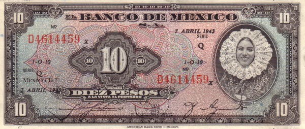 "Tehuana" (Woman in traditional costume  of the Isthmus of Tehuantepec (Oaxaca); in fact miss Maria Estela Ruíz  Velázquez, winner of a beauty contest - specifically orchestrated in 1936 to  select a woman to appear on the 10-Peso banknote)