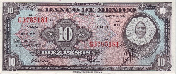 "Tehuana" (Woman in traditional costume  of the Isthmus of Tehuantepec (Oaxaca); in fact miss Maria Estela Ruíz  Velázquez, winner of a beauty contest - specifically orchestrated in 1936 to  select a woman to appear on the 10-Peso banknote)