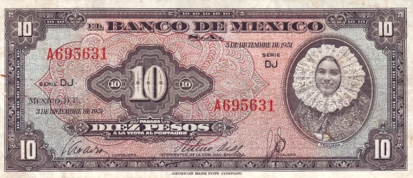 "Tehuana" (Woman in traditional costume  of the Isthmus of Tehuantepec (Oaxaca); in fact miss Maria Estela Ruíz  Velázquez, winner of a beauty contest - specifically orchestrated in 1936 to  select a woman to appear on the 10-Peso banknote)