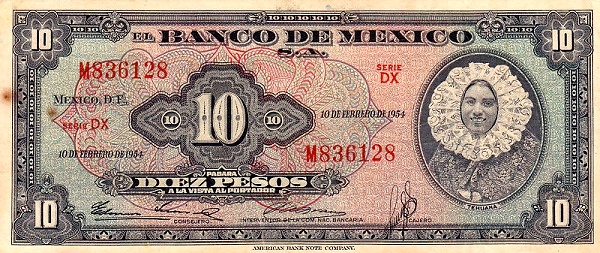 "Tehuana" (Woman in traditional costume  of the Isthmus of Tehuantepec (Oaxaca); in fact miss Maria Estela Ruíz  Velázquez, winner of a beauty contest - specifically orchestrated in 1936 to  select a woman to appear on the 10-Peso banknote)