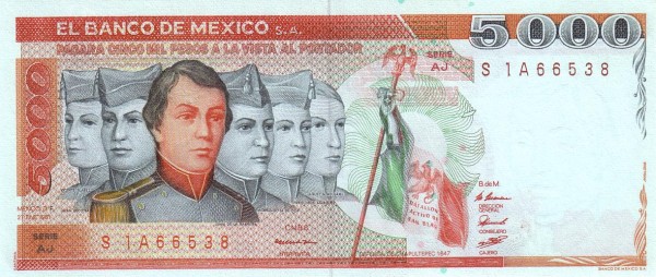 Vicente Suarez, Juan  Escutia, Juan de  la Barrera, Fernando M. de Oca and Agustín Melgar, known as the "Niños Héroes"  (Heroic Cadets / Boy Soldiers which died defending Mexico City at Chapultepec  castle from invading US Forces on 13.09.1847) Flag of the "Batallón Activo de San Blas"