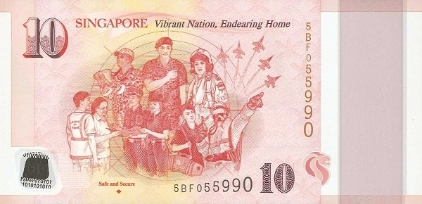   "Safe and Secure" Citizens  consulting brochure with police officers; soldier with  binoculars; soldier with clenched hand over heart; woman carrying duffle bag;  pilot in flight suit; firefighter with walkie talkie; fighter jets