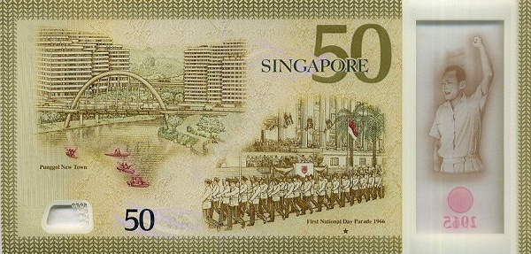   Modern buildings,  bridge and four kayaks in Punggol New Town soldiers marching during First  National Day Parade 1966