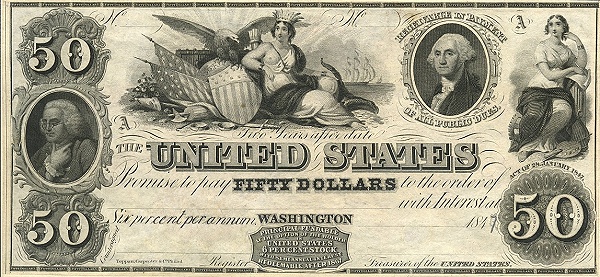 Portrait, Indian wman with eagle, shield 
and flags, President George Washingtn, allegorical woman
