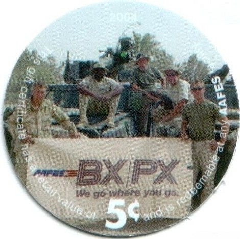 Soldiers wth  BX/PX sign (BX = Base Exchange, PX = Post Exchange)