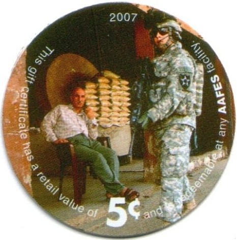 Soldier, man in front  of his store