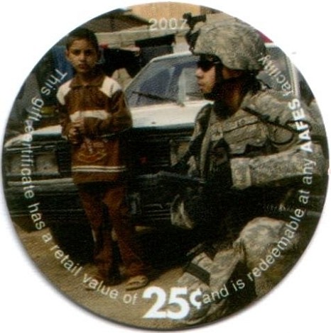 Boy observing a  soldier in battle gear